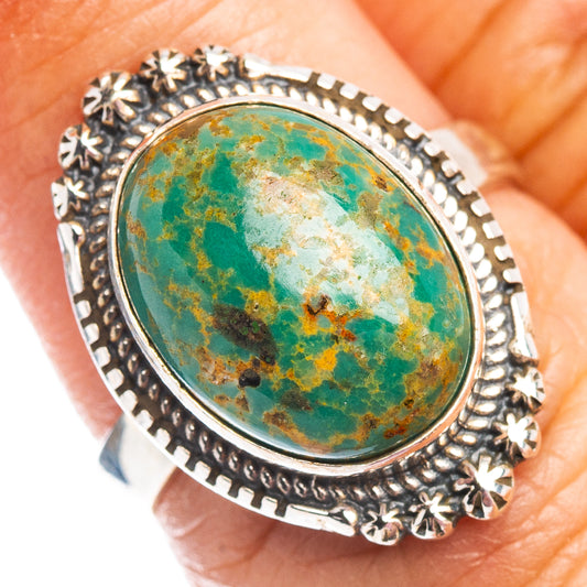 Turquoise oval cabochon sterling silver ring with ornate beaded border, size 6.75