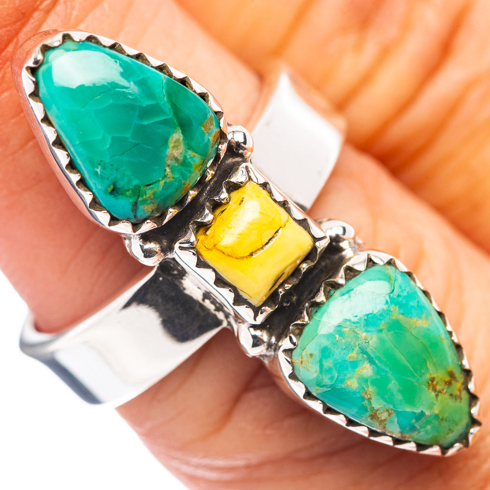 Adjustable sterling silver ring with turquoise ovals and yellow center stone