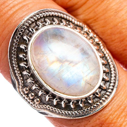 925 sterling silver oval moonstone ring, iridescent rainbow shimmer, size 7.75
