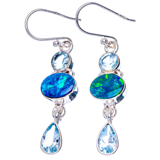 Rare Doublet Opal, Blue Topaz Earrings 1 3/4" (925 Sterling Silver) E1580
