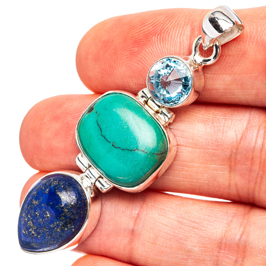 Oval turquoise and lapis lazuli pendant with round blue topaz, .925 sterling silver