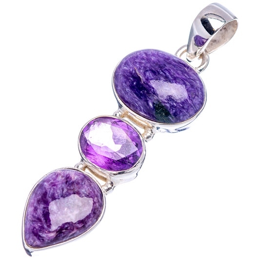 Sterling silver amethyst-charoite pendant, three purple gemstones with top bail