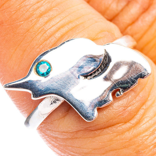 Elephant motif dainty ring, .925 sterling silver with blue cubic zirconia eye