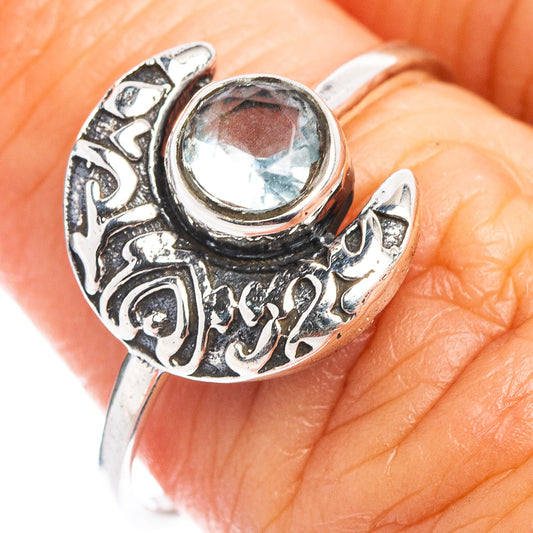 Sterling silver moon dainty ring with blue topaz cabochon, ornate engraved band