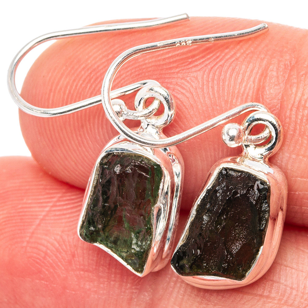 Rare Raw Moldavite Earrings 1 1/8" (.925 Sterling Silver)