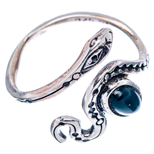 Snake dainty ring with dark green oval onyx cabochon, openwork .925 sterling silver