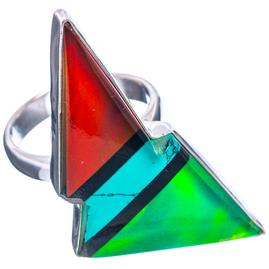 Sterling silver opal bolt ring with multicolor red, blue, and green triangular gem.