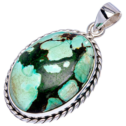 Turquoise stone oval pendant with dark matrix set in .925 sterling silver bezel