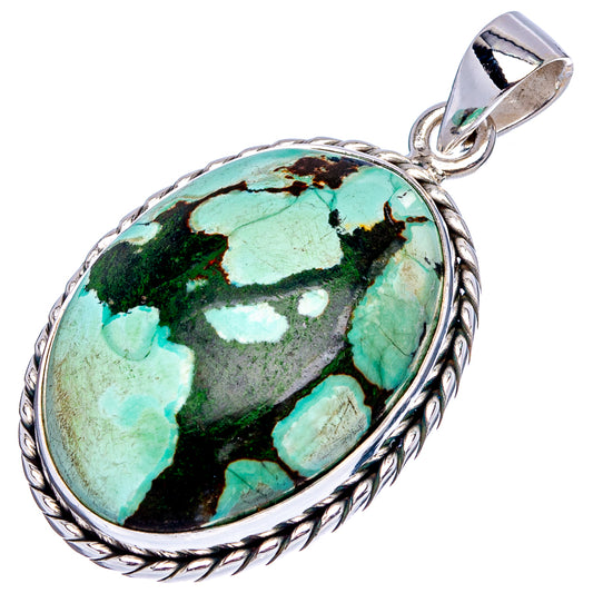 Turquoise stone oval pendant with dark matrix set in .925 sterling silver bezel