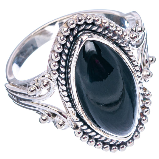 Sterling silver onyx ring, oval bezel and decorative beadwork on band shoulders