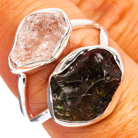 Sterling silver ring with two faceted teardrop stones, one pale pink and one dark green
