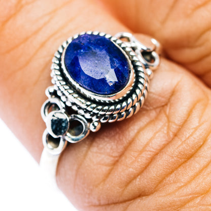 Sapphire dainty ring in .925 sterling silver, oval blue gemstone with ornate bezel