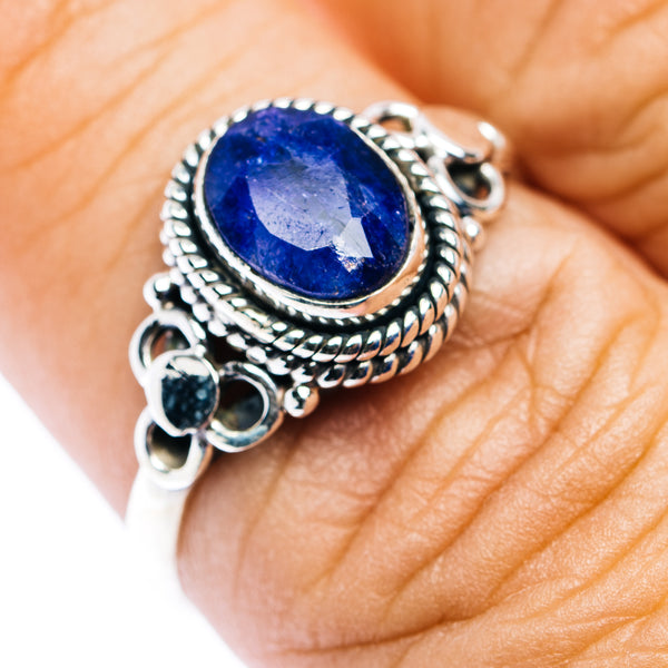 Sapphire dainty ring in .925 sterling silver, oval blue gemstone with ornate bezel