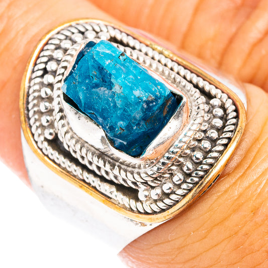 Sterling silver apatite ring with large oval blue stone and ornate beaded bezel.