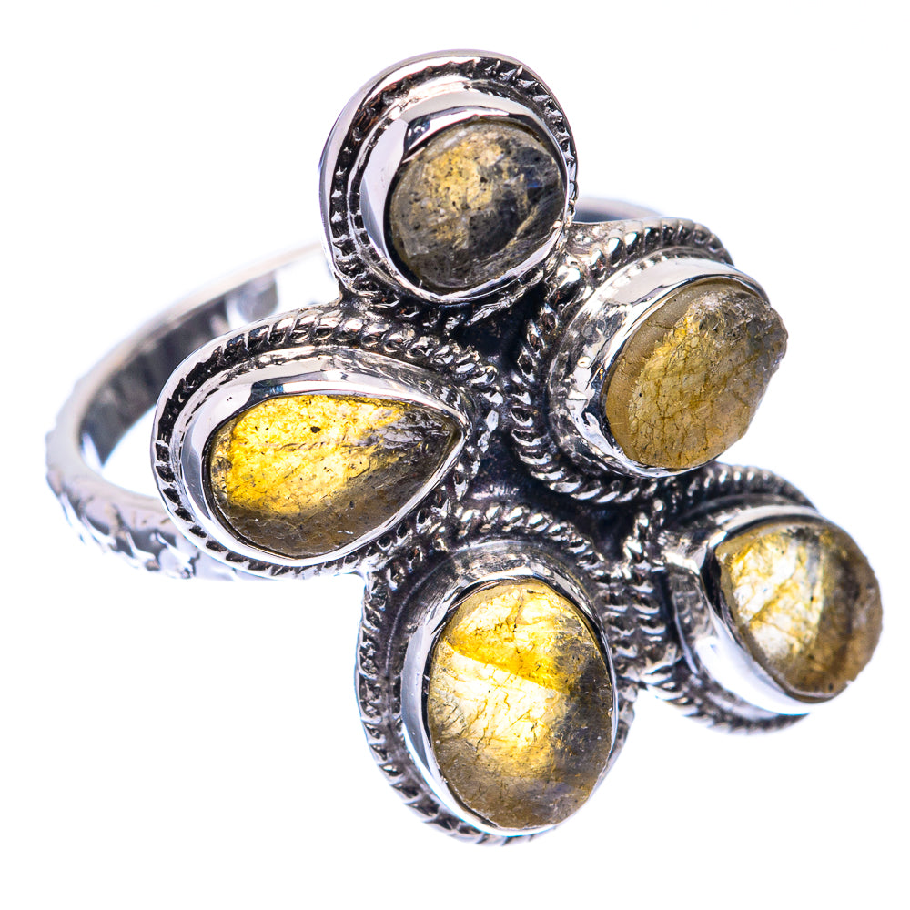 Sterling silver labradorite ring with oval yellow and dark gemstone settings