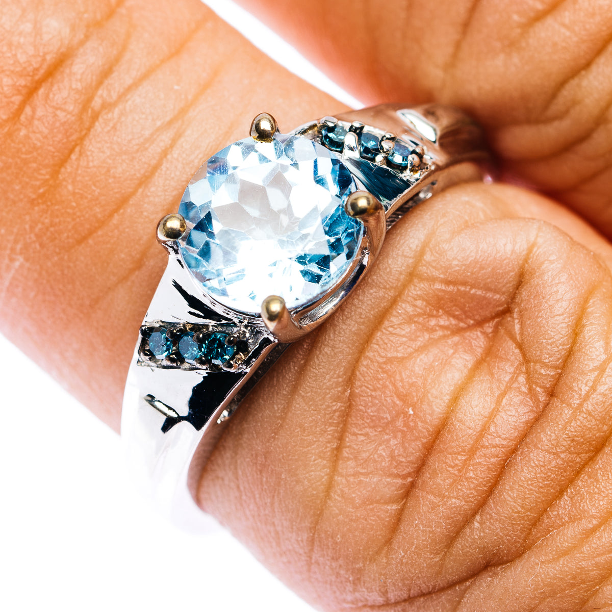 Blue Topaz, Blue Diamond Ring Size 7.75 (.925 Sterling Silver)