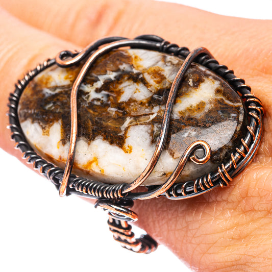 Oxidized copper wire wrap ring with oval agate cabochon and triple open bands