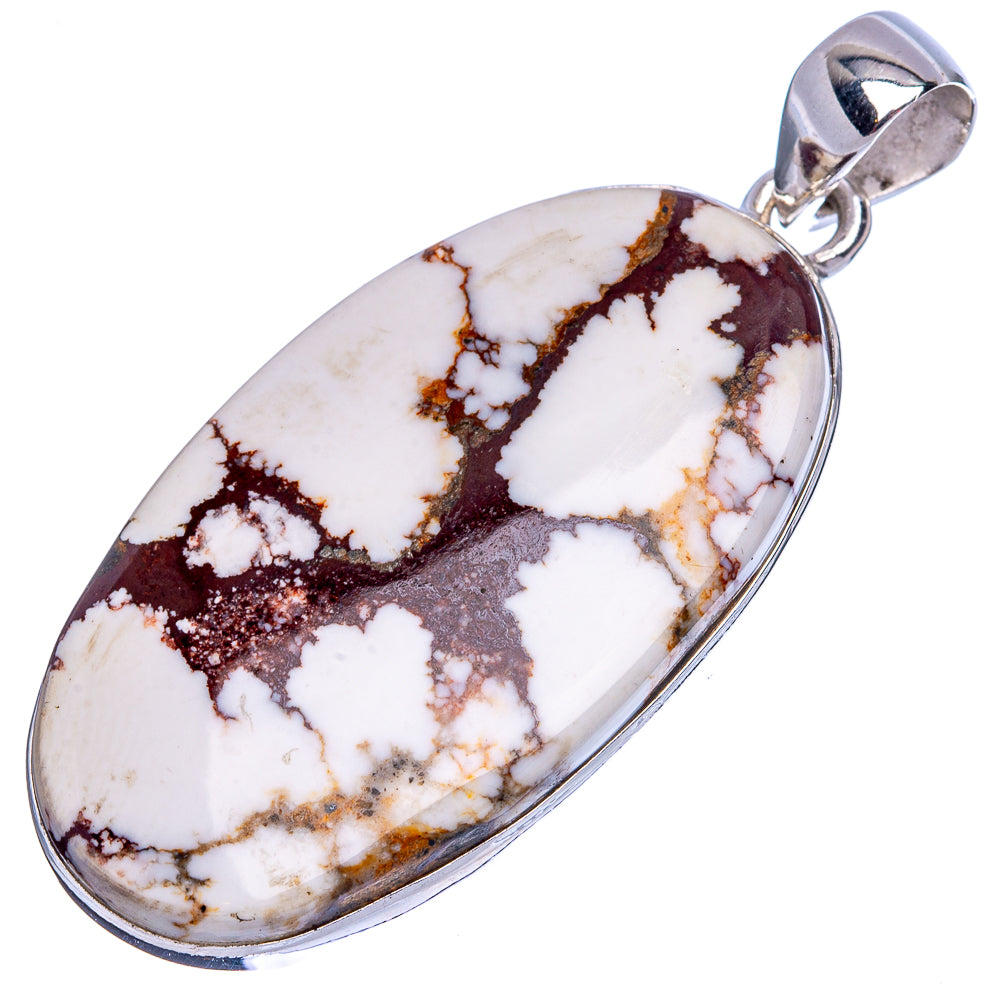 Oval wild horse jasper pendant in sterling silver, white cabochon with dark brown veining