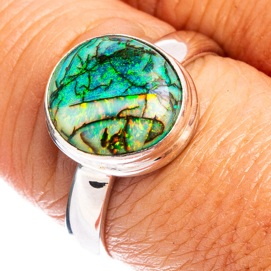 Sterling silver opal ring with round green-blue opal gemstone top