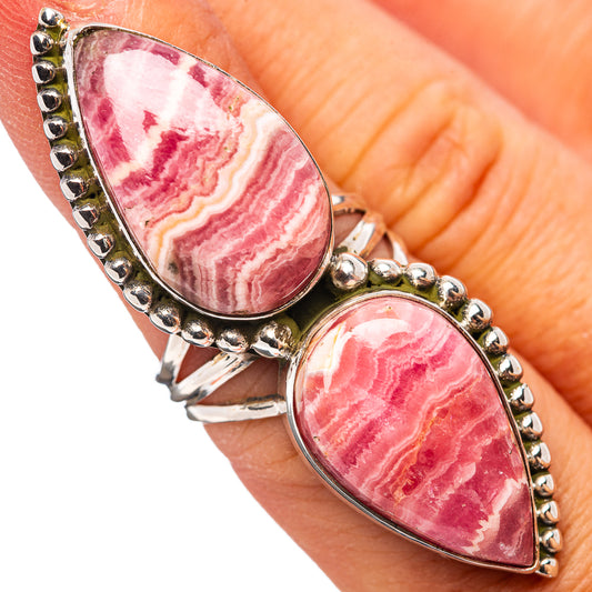 Rhodochrosite teardrop ring, .925 sterling silver with pink striped cabochons, size 6