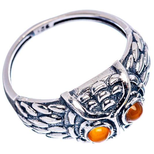 Sterling silver owl band ring with orange cabochon accents on the sides, size 6.75