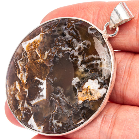 Silver-plated tube agate pendant with round dark brown and cream agate stone