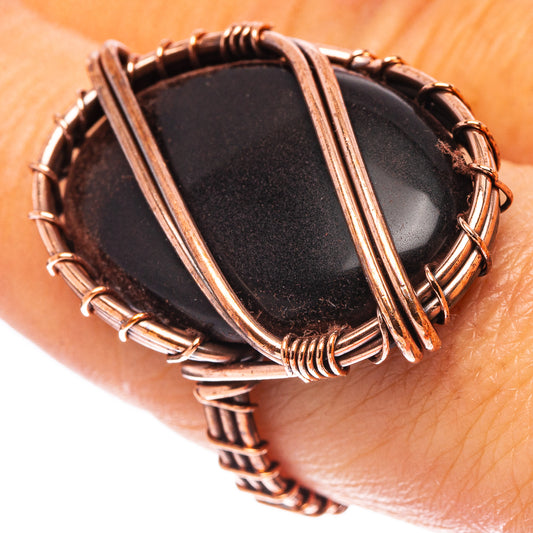 Oxidized copper wire jet ring with oval black stone, size 7.25