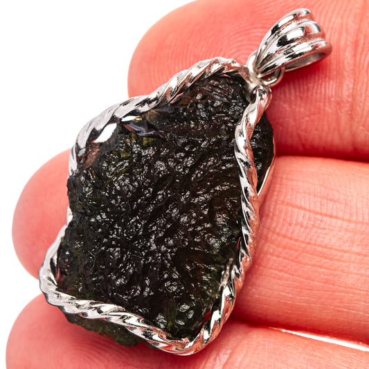 Moldavite pendant in .925 sterling silver bezel, dark black-green stone with bail