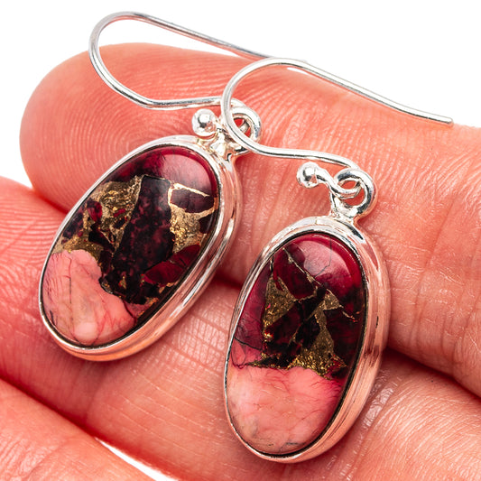 Teardrop turquoise drop earrings, red-pink stone with gold flecks, .925 sterling silver hook