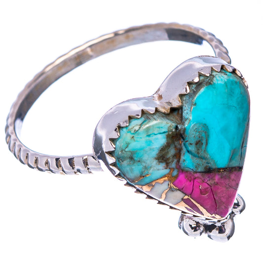 Sterling silver heart ring with turquoise and magenta inlay, curved top and prongs