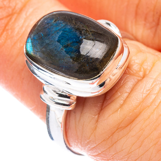 Oval labradorite cabochon sterling silver ring, blue flashes, size 7.5