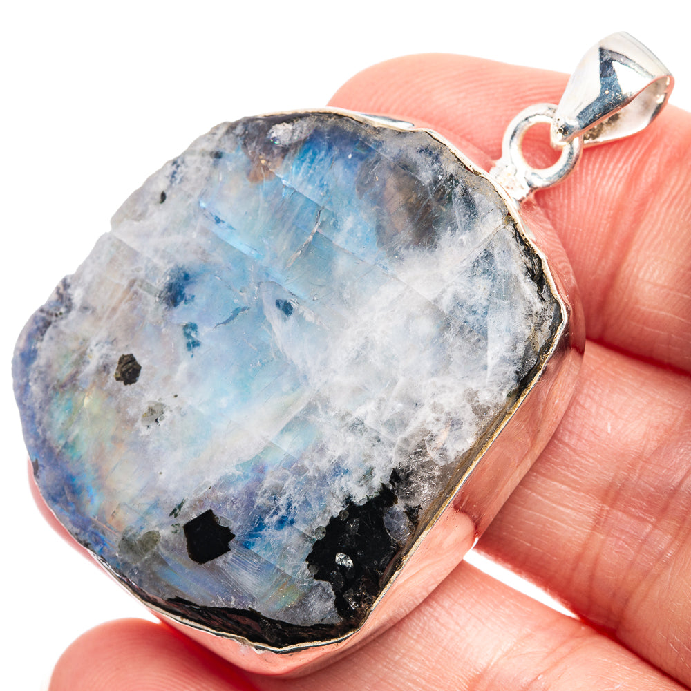 Raw Rainbow Moonstone Pendant 1 7/8" (925 Sterling Silver) P38991