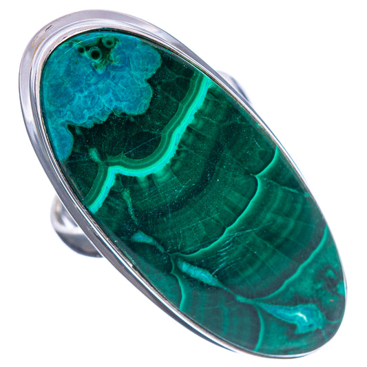 Large oval green malachite cabochon ring with .925 sterling silver bezel, size 6