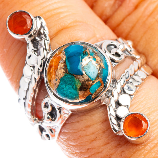 Turquoise spiny oyster & carnelian .925 sterling silver ring, ornate design, size 7.75