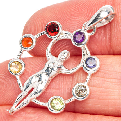 Sterling silver chakra man pendant with multicolor gemstone accents and top bail