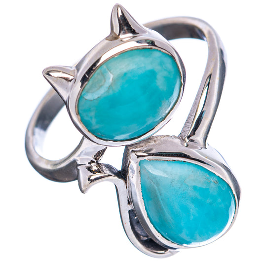 Sterling silver cat ring with two oval larimar stones and cat-claw details