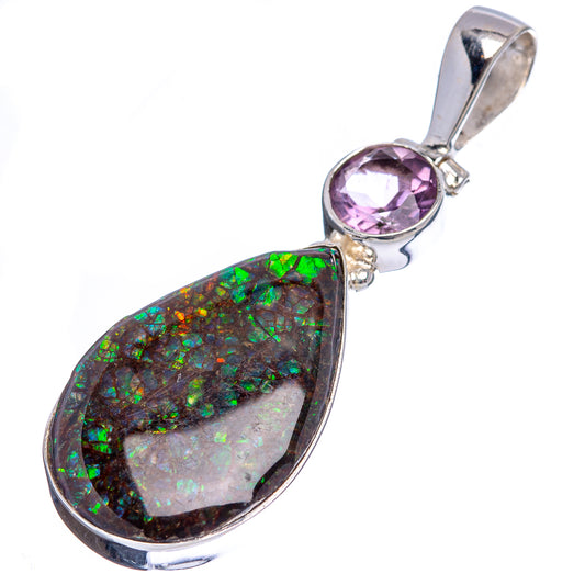 Amethyst and Canadian ammolite pendant in .925 sterling silver, side view teardrop ammolite