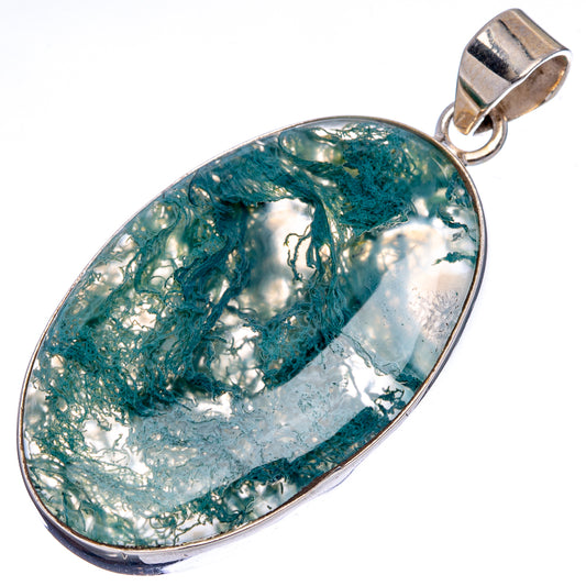 Moss agate pendant, oval teal-green and white stone in .925 sterling silver bezel