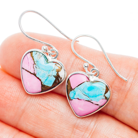 Turquoise and pink heart earrings in .925 sterling silver with fishhook backs