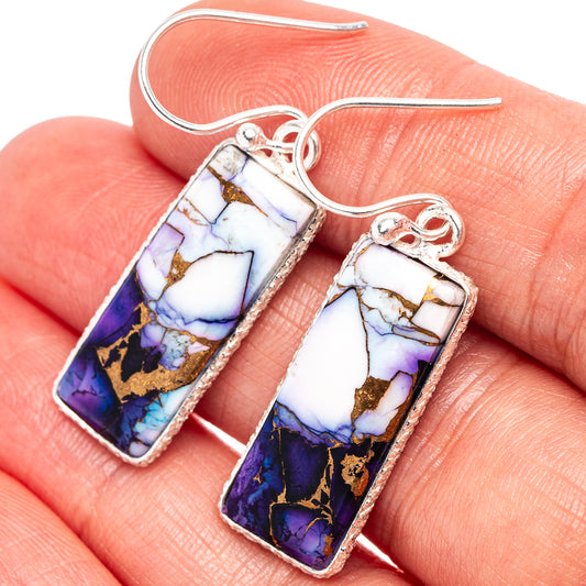 Rectangular turquoise and purple mosaic drop earrings on sterling silver hooks, 1.5 in