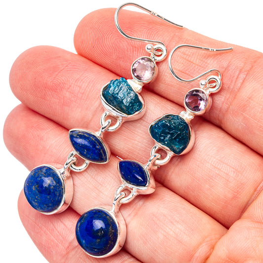 Premium Lapis Lazuli, Apatite, Amethyst Earrings 2 1/4" (925 Sterling Silver) E1668