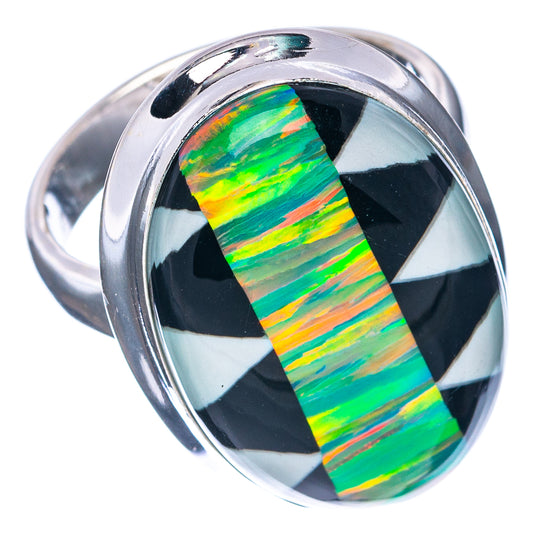 Oval opal aura ring in polished .925 sterling silver, iridescent green and blue stripe