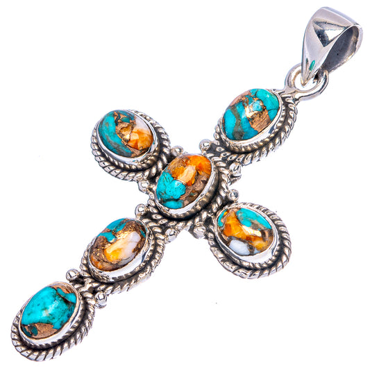 Spiny Oyster Turquoise Cross Pendant 2" (925 Sterling Silver) P43143
