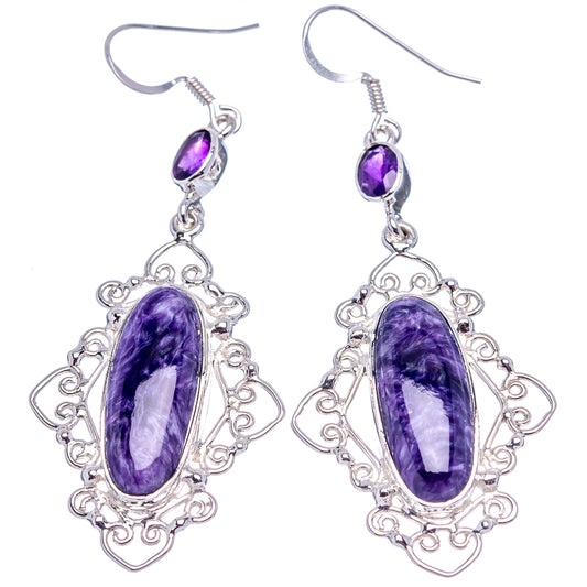 Sterling silver filigree drop earrings with oval purple gemstone and small top charm