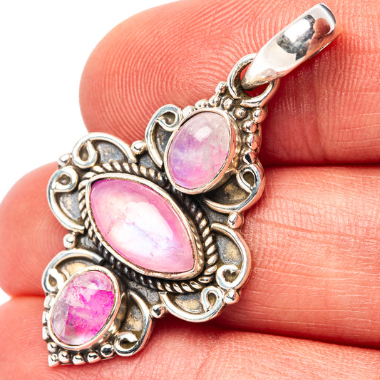 Pink moonstone pendant in .925 sterling silver, ornate bezel with three oval stones