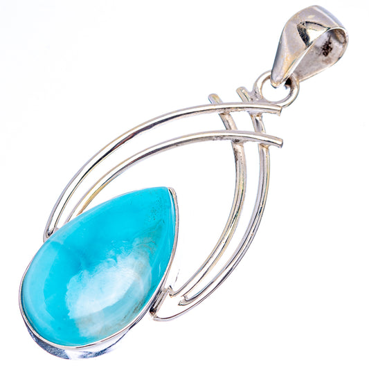 Larimar teardrop pendant in .925 sterling silver with three linked silver hoops