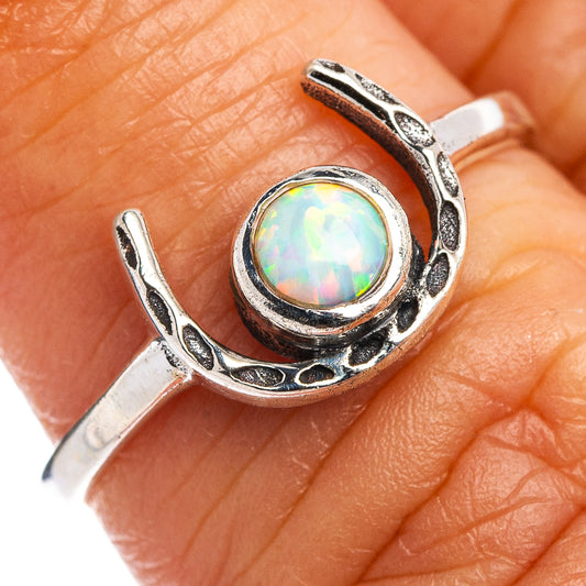 Sterling silver horseshoe opal dainty ring with round lab opal centerpiece