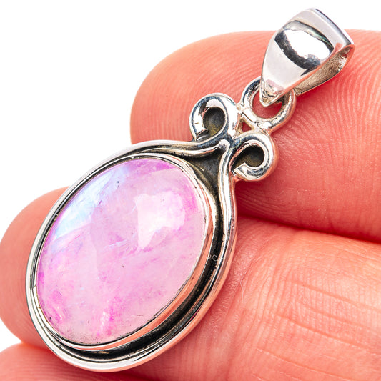 Pink moonstone pendant in .925 sterling silver, oval stone with textured halo