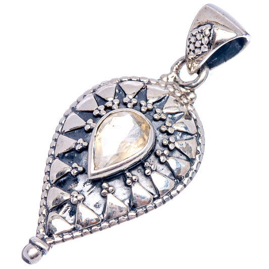 Teardrop citrine pendant, .925 sterling silver with ornate engraved setting and open bail