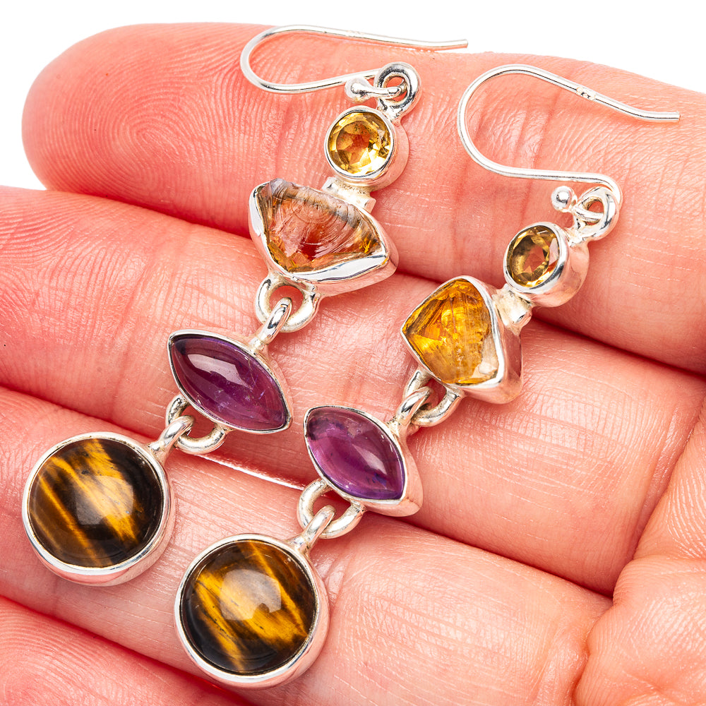 Premium Tiger Eye, Amethyst, Citrine Earrings 2 1/4" (925 Sterling Silver) E1778